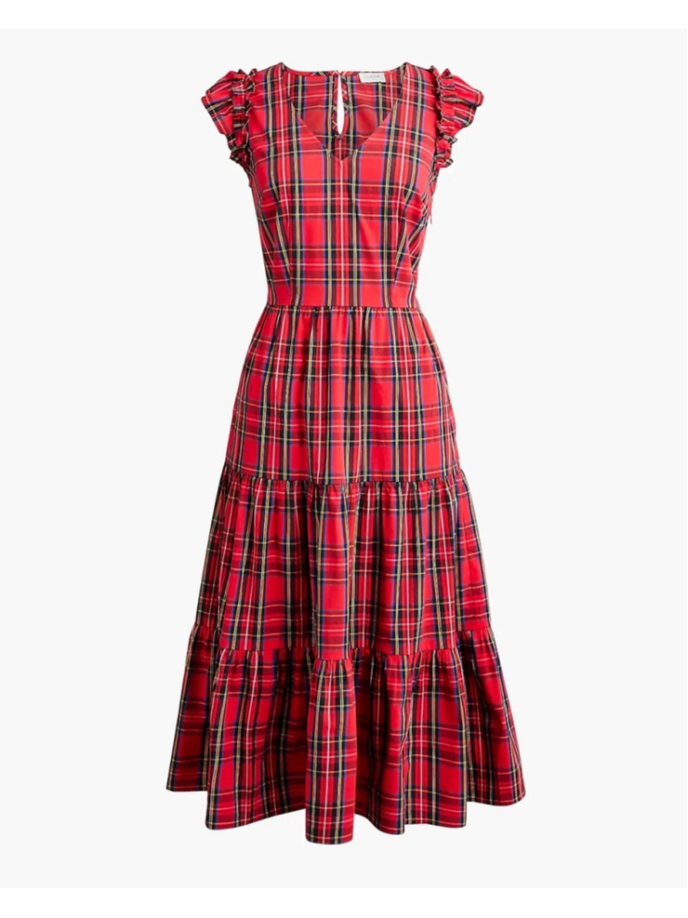 J.Crew Plaid Christmas Dress Red Tartan Size 12 Holiday Flutter-Sleeve Midi